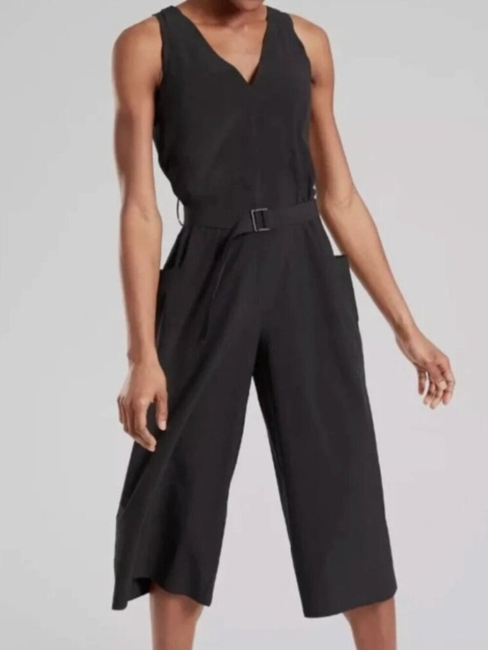 Athleta Womens Sarasota Wide Leg Cropped Black Jumpsuit Pockets Size S